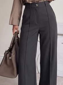 Women's Elegant High-Waist Wide-Leg Pants, Polyester Non-Stretch Long Trousers With Zipper, Button And Pockets, Fashionable Long Bottoms - Dark Grey - View 4