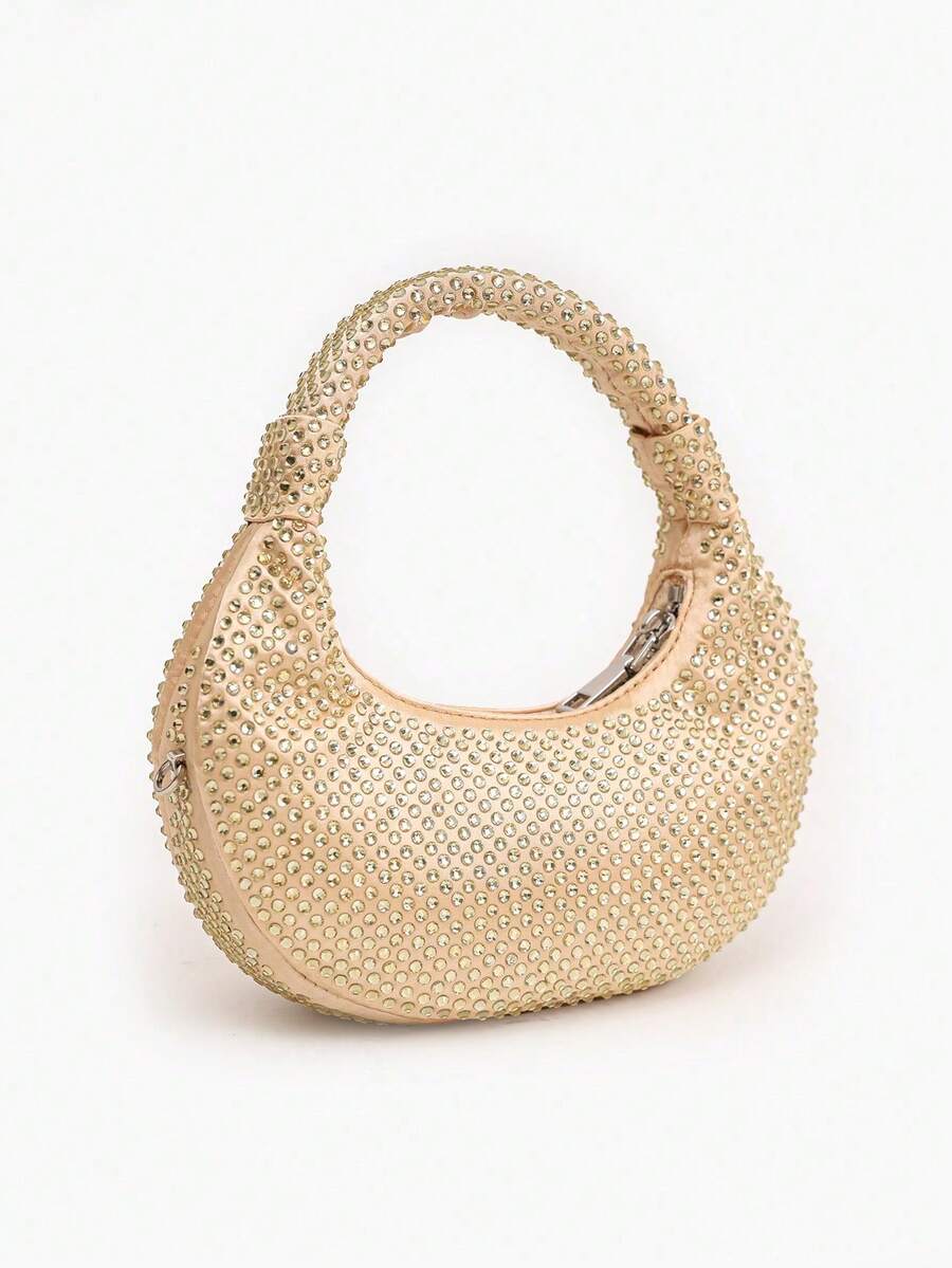 Mini Hobo Bag In A Crescent Shape, Fully Covered In Rhinestones, Integrated Circular Handle With Bow, Zipper, Various Colors, Women's Party, Wedding, Birthday Gift - Camel - View 1