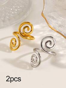 1pc Minimalist 18K Gold Plated Stainless Steel Spiral Ring, Suitable For Women's Summer Vacation Wear - Multicolor - View 7