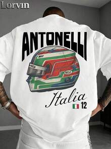 Antonelli Retro Racing Helmet, Men's T-Shirts, Summer Holiday Clothing, Partner Outfits, Suitable For Excursions Or Weekend Trips, Gifts For Friends. - White - View 3