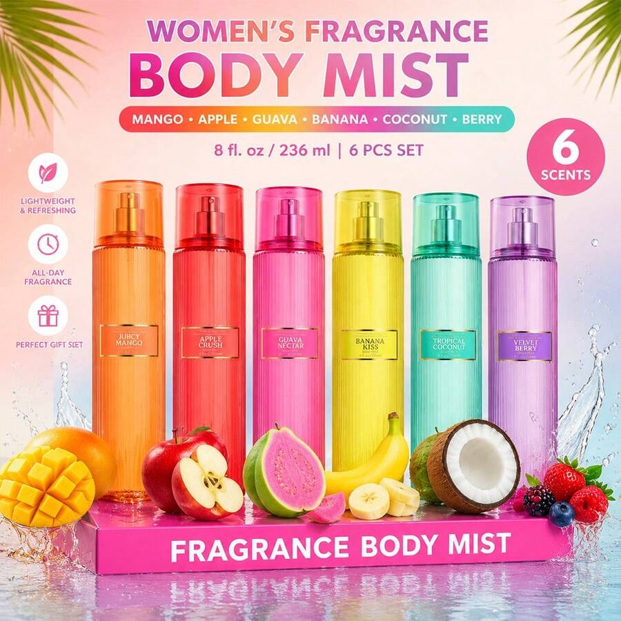 Wish 8.0 Fl Oz Women's Body Mist – Mango & Black Currant Pink Pepper – Orris Jasmine Lotus Patchouli Brown Sugar Vanilla – Designer Inspired Fruity Floral Scent – Refreshing Long Lasting For Party, Everyday Use – Ideal Gift For Girlfriend, Best Friend,Mom - Juicy Mango - 查看 1
