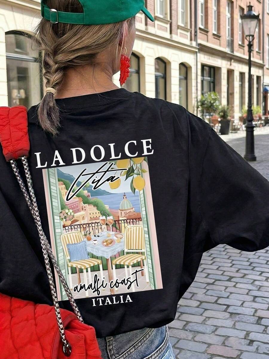 1 Piece Of Women's Loose-Fitting Short-Sleeved T-Shirt, Retro Style, With Star And Letter Print, Casual Sporty And Aesthetic Style, Round Neck, Fashion2D. - 黑色 - 查看 1
