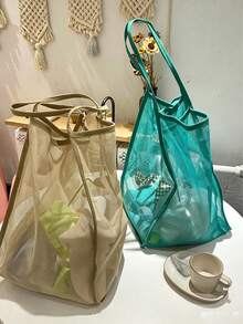 高品質網格托特包 - 耐用聚酯纖維，純色配堅固手把，適合旅行、海灘、度假和露營，海灘、晚餐托特包，多功能收納方案，堅固手把設計 - 彩色 - 查看 5