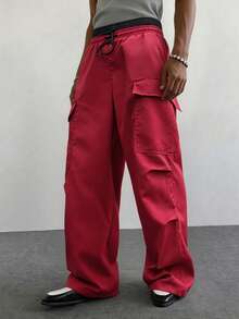 Whitmere Men's Casual Long Pants Double Waistband Colorblock Waist Multi-Pocket Cargo Pants Straight Leg Loose Fit Wide Leg Pants Fall/Autumn Gift - Red - View 7