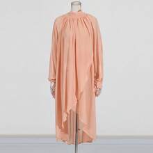 Camisa Fluida Larga Fruncida Casual para Mujer Puños con Cordones Cuello Mao Dobladillo Irregular Blusa - Rosa - Ver 3