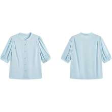Blusa de manga corta con cuello alto y seda para mujer con pliegues y botones para oficina - Negro - - Ver 3