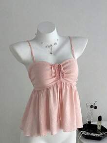 Camiseta de tirantes con volantes de unicolor lindo para damas, ropa de verano para la universidad - Albaricoque - Ver 4