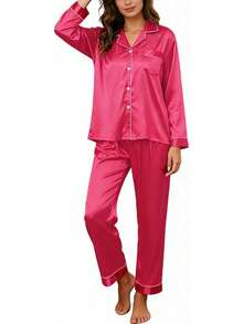 GAESHOW Conjunto de Pijamas de Mujer con Manga Larga de Satén Top Botones y Pantalones Pijama de Seda Ropa de Dormir - Morado - Ver 9