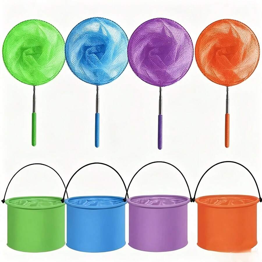 2pcs Summer Beach Fishing/Insect Catching Outdoor Set, Multi-Functional Folding Bucket With Stainless Steel Telescopic Fishing Net, Lightweight Portable Tools, Suitable For Fishing, Camping, Beach, Pool Cleaning, Yard Use, Catching Butterflies And Insects, Random Color