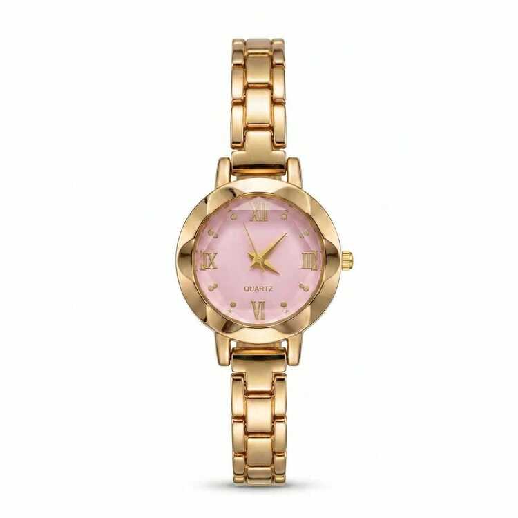 Women's Pink Dial Watch, Silver Round Case, Roman Numerals & Crystal Markers, Metal Strap, Elegant Quartz Wristwatch, Daily Wear, 1pc/Set - Gold - View 12