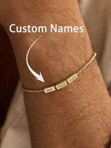 Customized Name Bracelet, Personalized Stainless Steel Black Silver Custom 1-8 Engraved Name Jewelry, Personalized Name Bracelet, Men's Bracelet, Father's Day Gift, Boyfriend Gift, Personalized Name Bracelet Suitable For Dad, Grandpa, Uncle, Husband - Multicolor - View 3
