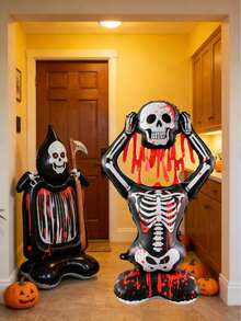 kumozawa 2 Huge Halloween Standing Bloody Skeleton And Grim Reaper Foil Balloons, Haunted House Ghost Party Decoration Photo Props Indoor Outdoor Yard Decor, Halloween Haunted House Escape Room Yard Front Door Decoration Supplies, Suitable For Halloween Party, Haunted House, Horror Theme Birthday, Indoor Outdoor Garden Yard Front Porch Photo Booth Decoration - Multicolor - View 3