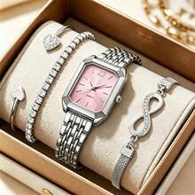 4 pièces/Set Montre classique élégante et minimaliste pour femmes avec bracelet exquis, cadran carré délicat, bracelet réglable, montre à quartz, convient pour un port quotidien, cadeau parfait pour les amies ou la famille - Rose bonbon - Voir 6