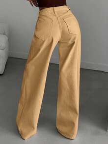 Vintage High-Waist Wide-Leg Denim Jeans, Full-Length White Cotton Trousers. Suitable For Spring/Summer Daily, Office And Date Wear Casual - Khaki - View 2