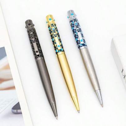 Luxury Metal Retractable Ballpoint Pen, Blue Textured Embossed Barrel Business Signing Pen, 3-Color Premium Office Writing Pen, High-End Gift Box Souvenir, Corporate Gift, Exquisite Smooth Writing Stationery For Professional Men