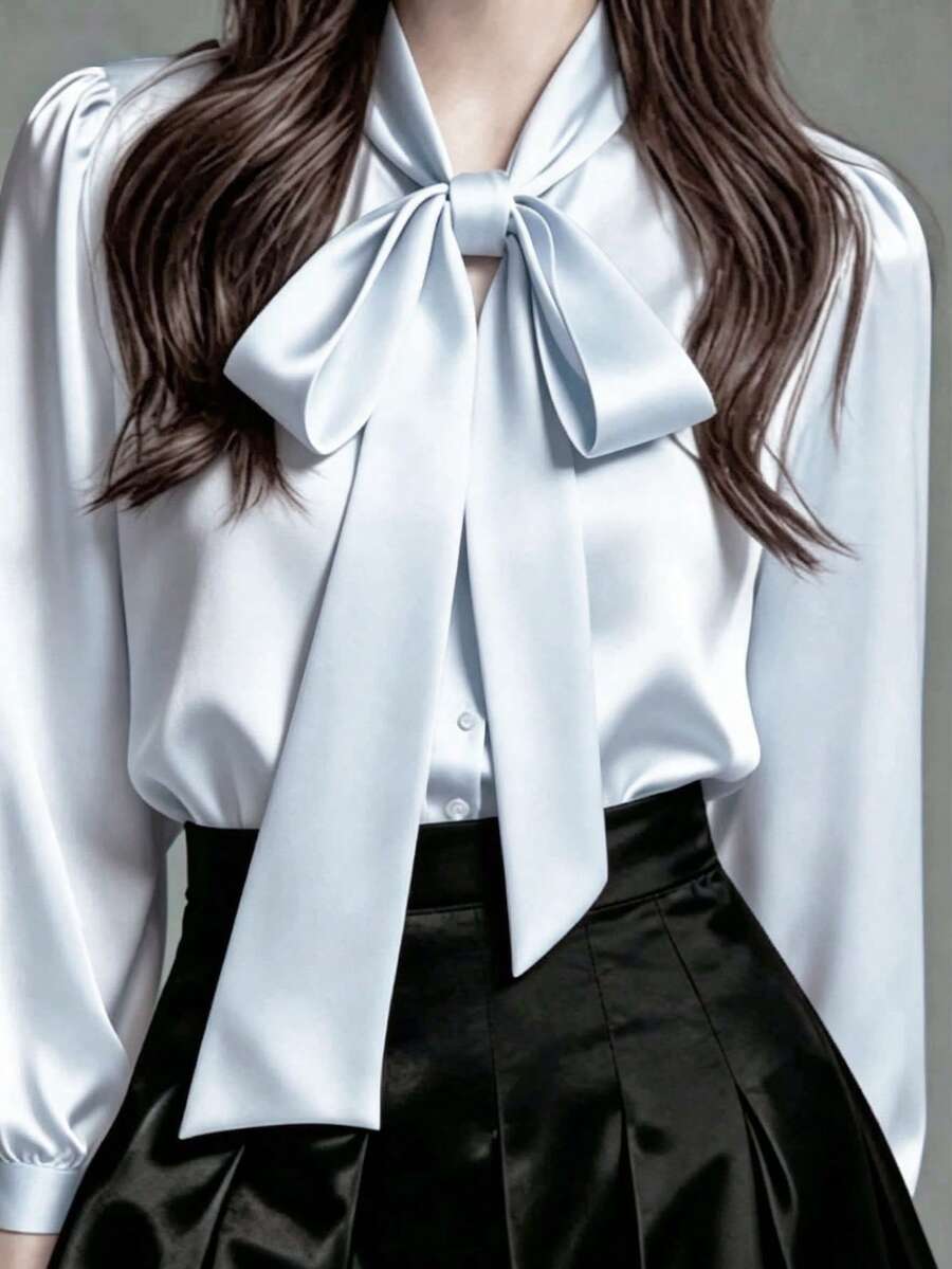 大尺碼女款優雅緞面黑色長袖休閒襯衫,蝴蝶結領,實用通勤上衣,適合春秋穿著 - 淺藍色 - 查看 1