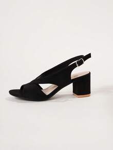 Women Faux Suede Chunky Heeled Slingback Sandals, Elegant Summer Heeled Sandals,Block Heels - Black - View 11