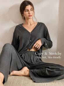 Ocili Conjunto de ropa de estar en casa minimalista y cómodo para mujer, con cuello en V holgado, ropa de invierno - Rojo - Ver 10