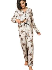 Conjunto de Pijama para Mujer con Cuello Recortado, Estampado Floral, Camisa con Botones y Pantalones Largos, Algodón, 2 Piezas, Ropa de Dormir - Amarillo - Ver 9