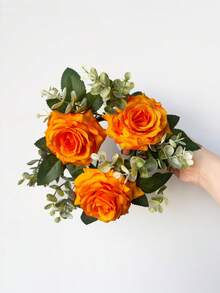 MEHELANY 1pc Orange Artificial Rose Table Centerpiece, Faux Floral Table Runner With Green Leaves, Fake Rose Wreath Suitable For Home Dining Table, Birthday Party, Wedding Venue, Bridal Shower, Rustic Style Table Decor - Orange - View 7