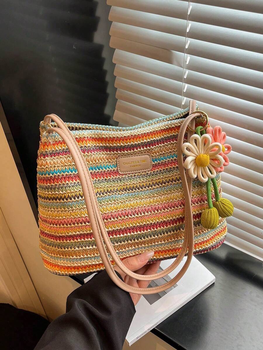 Nuevo bolso de hombro de paja con rayas de contraste coloridas estilo vacaciones de verano para mujer, con lindo dije de margarita, bolso de playa casual, bolso de axila tejido con rayas col - Multicolor - Ver 1