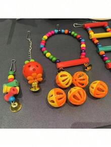 15pcs Random Color Bird Toy Set With Chewing Rattan Balls, Wooden Blocks, Perch Stand, Climbing Ladder, Parrot Toys Pet Supplies - 1pc Training Hoop - View 3
