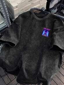 Camiseta de manga corta con cuello redondo, 100% algodón lavado, versátil, para hombre, con estampado informal de verano. - Negro - Ver 1