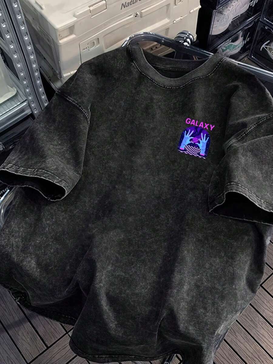 Camiseta de manga corta con cuello redondo, 100% algodón lavado, versátil, para hombre, con estampado informal de verano. - Negro - Ver 1