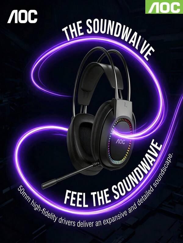 1pc AOC ACG2500 Black USB Wired Over-Ear Gaming Headset, 50MM Large Driver Unit, RGB Lighting, Adjustable Microphone, Noise-Canceling Headphones, Suitable For PC, Laptop, PS4, NS Switch Dock Mode, Gaming Audio Accessory
