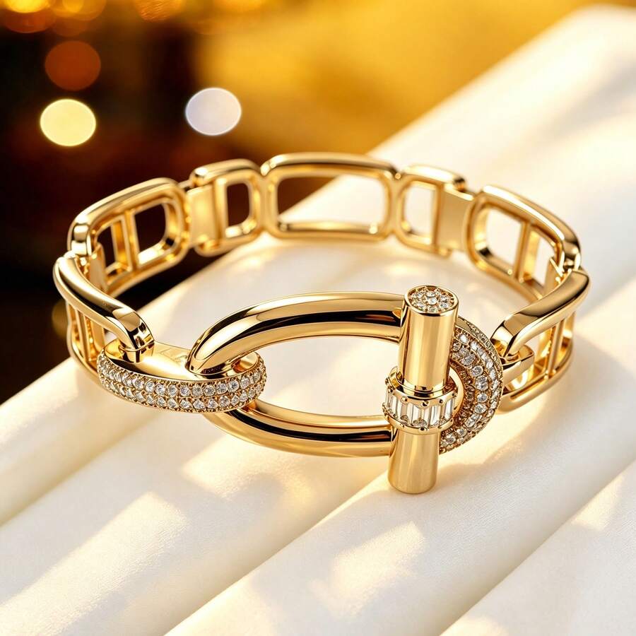 1pc Women's Fashion Bracelet, Geometric Chain Link Bangle With Zirconia Inlay, Niche Design, Versatile Commuter Elegant Jewelry Accessory - Bracelet - View 1