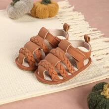 1 par de zapatos para bebé con diseño de rayas tejidas, sandalias planas simples y versátiles, adecuadas para el verano - Marrón - Ver 9