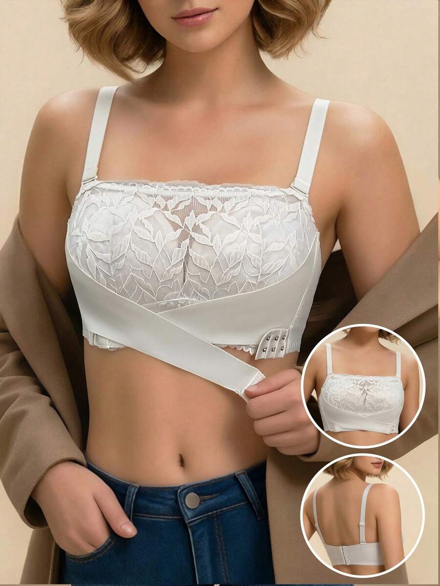 女士精致蕾丝薄款无钢圈文胸,聚拢支撑透气无缝全罩杯文胸,内衣 - 香檳色 - 查看 1