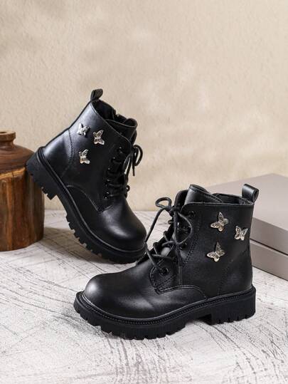 Girls' Black Lace-Up Combat Boots With Metal Butterfly Decor, Side Zipper, Non-Slip Thick Sole, Fashion Ankle Boots For Autumn Outdoor And Daily Wear