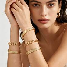 Stainless Steel Gold Stackable Bracelet, X-Shaped Open Bangle, Round Disc Chain And Oval Pig Nose Chain, Women's Minimalist Daily Gift Jewelry - X-shaped Bracelet - View 3