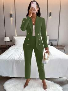 AIJ Women 2 Pieces Fall Fashion Outfits, Double Breasted Blazer & Pants Matching Set, Formal Business HOCO Homecoming Outfit - Turquoise - View 5