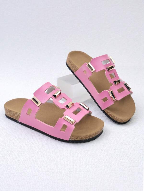 Roze holle metalen gesp één-band schuif sandalen, zachte kurk platte antislip casual pantoffels (willekeurige zoolkleur)
