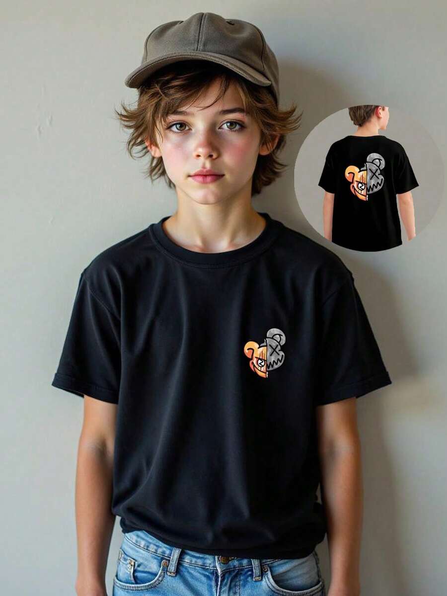 Camiseta de manga corta negra para adolescentes varones con estampado de moda gráfico y versátil,mexico,playeras de hombre,,playeracamisas para hombre,,,ropa de hombre,me - Negro - Ver 1