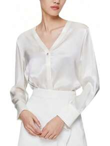 Blusa de manga larga brillante con cuello en V profundo para mujer - Rojo vino - Ver 1