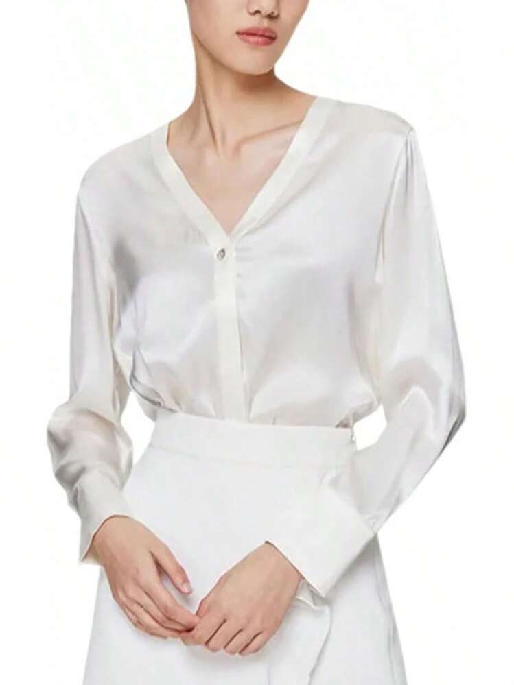 Blusa de manga larga brillante con cuello en V profundo para mujer - Negro - - Añade 1
