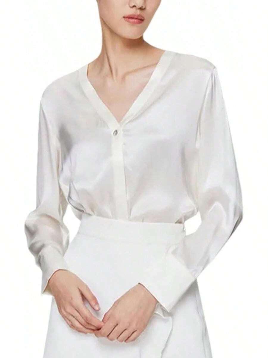 Blusa de manga larga brillante con cuello en V profundo para mujer - Rojo vino - Ver 1