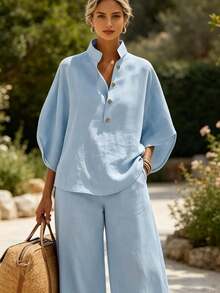 Conjunto de Dos Piezas de Lino y Algodón para Mujer con Manga de Murciélago, Camisa con Botones y Pantalones de Pierna Ancha, Atuendo Casual de Verano - Negro - Ver 7