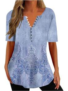 Ceboyel - Camisas Henley con estampado floral para mujer, cuello en V, sexy, casual, de manga corta, blusas elegantes para mujer - Azul Cielo#18 - Ver 7
