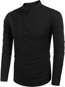 VictorFit Camisa de algodón y Lino para Hombre, Manga Larga, Estilo Hippie, Casual, para la Playa - Gris - Ver 3
