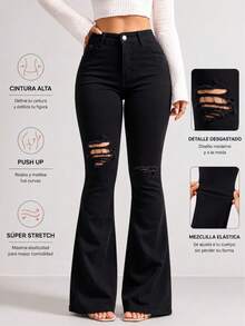 Pantalones campana largos hasta el suelo de cintura alta con roturas unilaterales en las rodillas, alta elasticidad ajustado disponible en múltiples tonos caída fluida retro - Negro - Ver 1