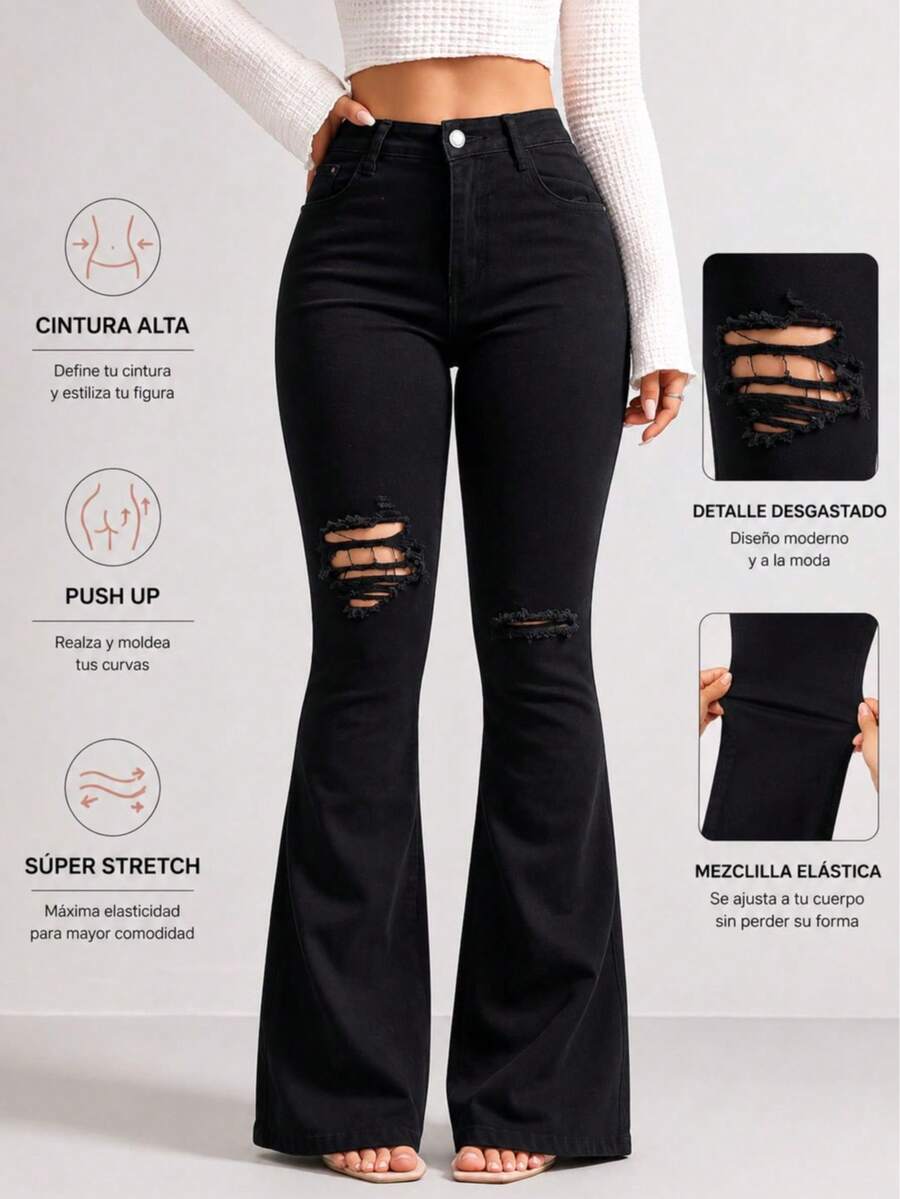Pantalones campana largos hasta el suelo de cintura alta con roturas unilaterales en las rodillas, alta elasticidad ajustado disponible en múltiples tonos caída fluida retro - Negro - Ver 1