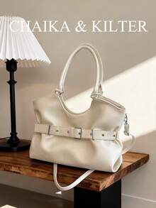CHAIKA & KILTER 1pc Solid Color PU Fabric Tote Bag, Women's Vintage Fashion Shoulder Tote Bag, Double Handle Design, Zipper Closure, Strap Decoration, Suitable For Daily And Street Use - White - View 2