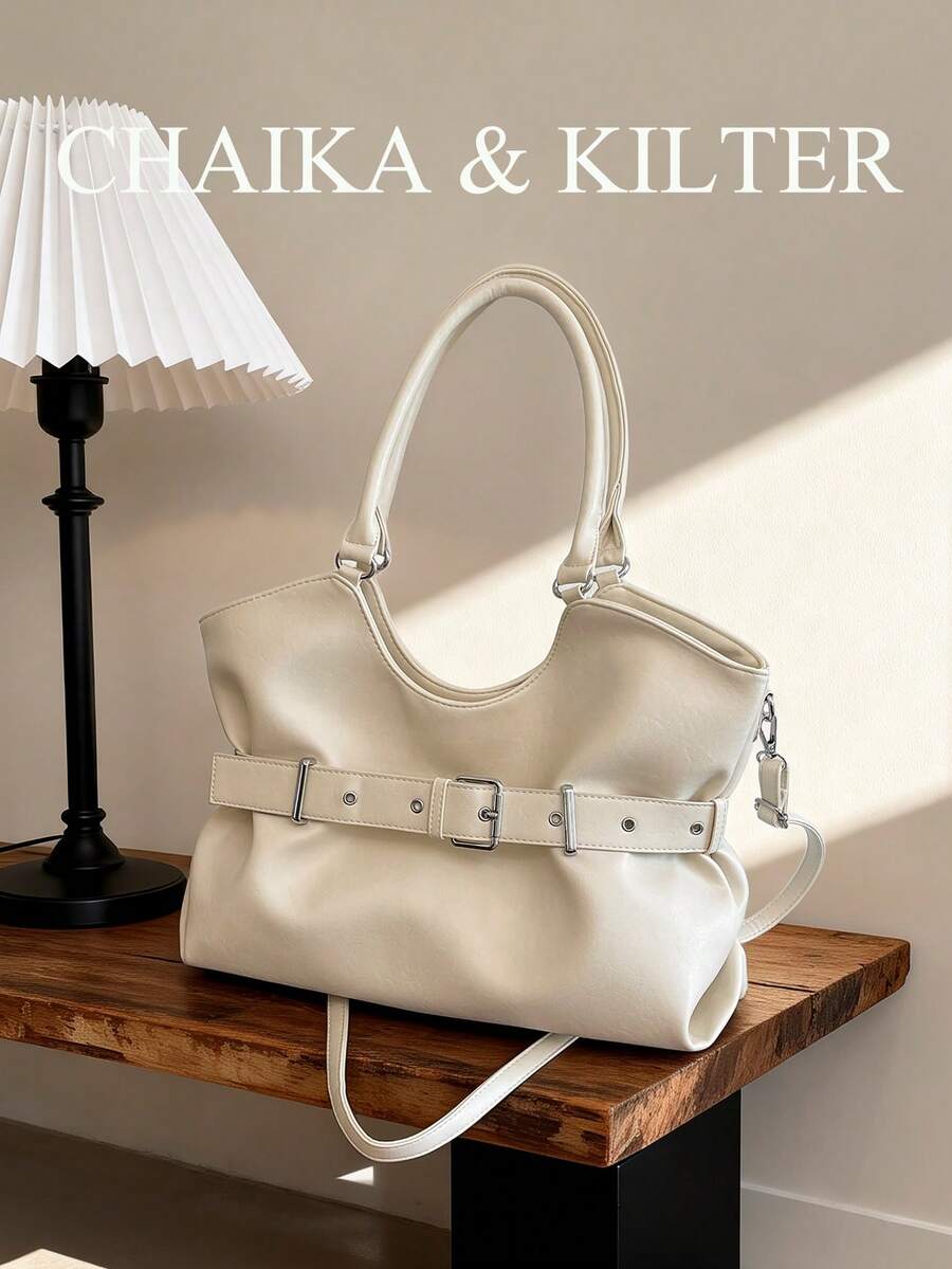 CHAIKA & KILTER 1pc Solid Color PU Fabric Tote Bag, Women's Vintage Fashion Shoulder Tote Bag, Double Handle Design, Zipper Closure, Strap Decoration, Suitable For Daily And Street Use