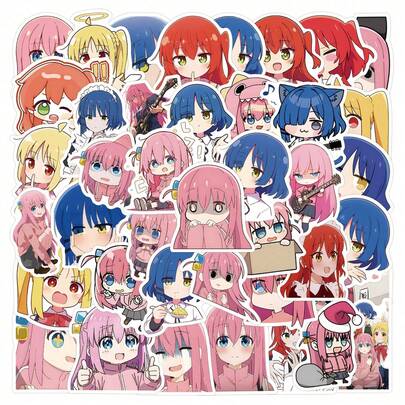 55pcs Bocchi The Rock Anime Stickers - Cute Kawaii Manga Illustrations Featuring Hitori Goto, Nijika Ijichi, Ryo Yamada, Ikuyo Kita And Band Members, Vibrant Pink And Blue Tones, Lively Chibi Art Style, Ideal Decorative Stickers For Fans Collection And Creative Projects, Suitable For Laptops, Phone Cases, Water Bottles, Stationery Boxes