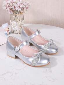 Nuevos zapatos de princesa para niñas con lazo de strass y tacón alto, adecuados para baile y fiesta de noche - Plateado - Ver 9