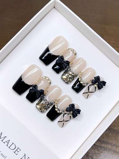 Handmade Wearable Press-On Nails, Coffin Shape, Hand-Painted Personalized Leopard Print High-Quality Western Style Nail Art, Nail Rhinestones, Y2K Nails, Spring And Summer Daily Nail Art, Removable And Reusable.